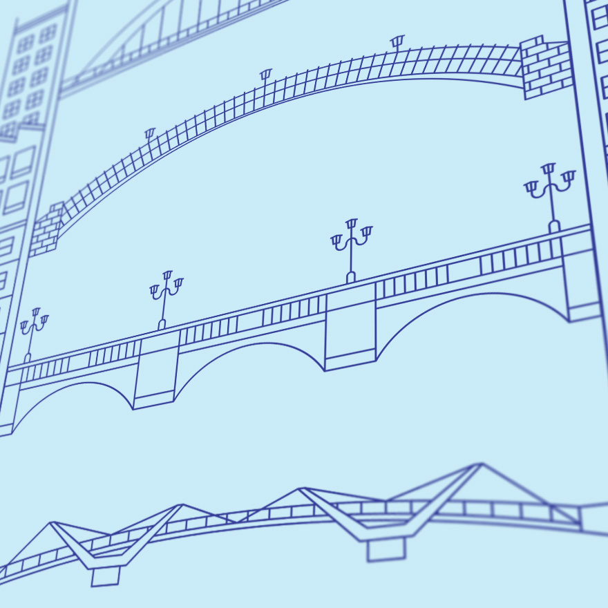 Detail of screenprinted illustration of five Dublin bridges over the river Liffey