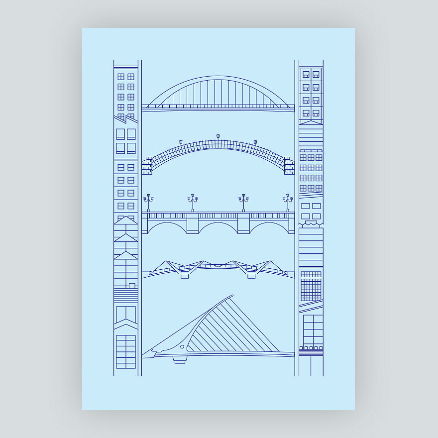 Screenprinted illustration of five Dublin bridges over the river Liffey