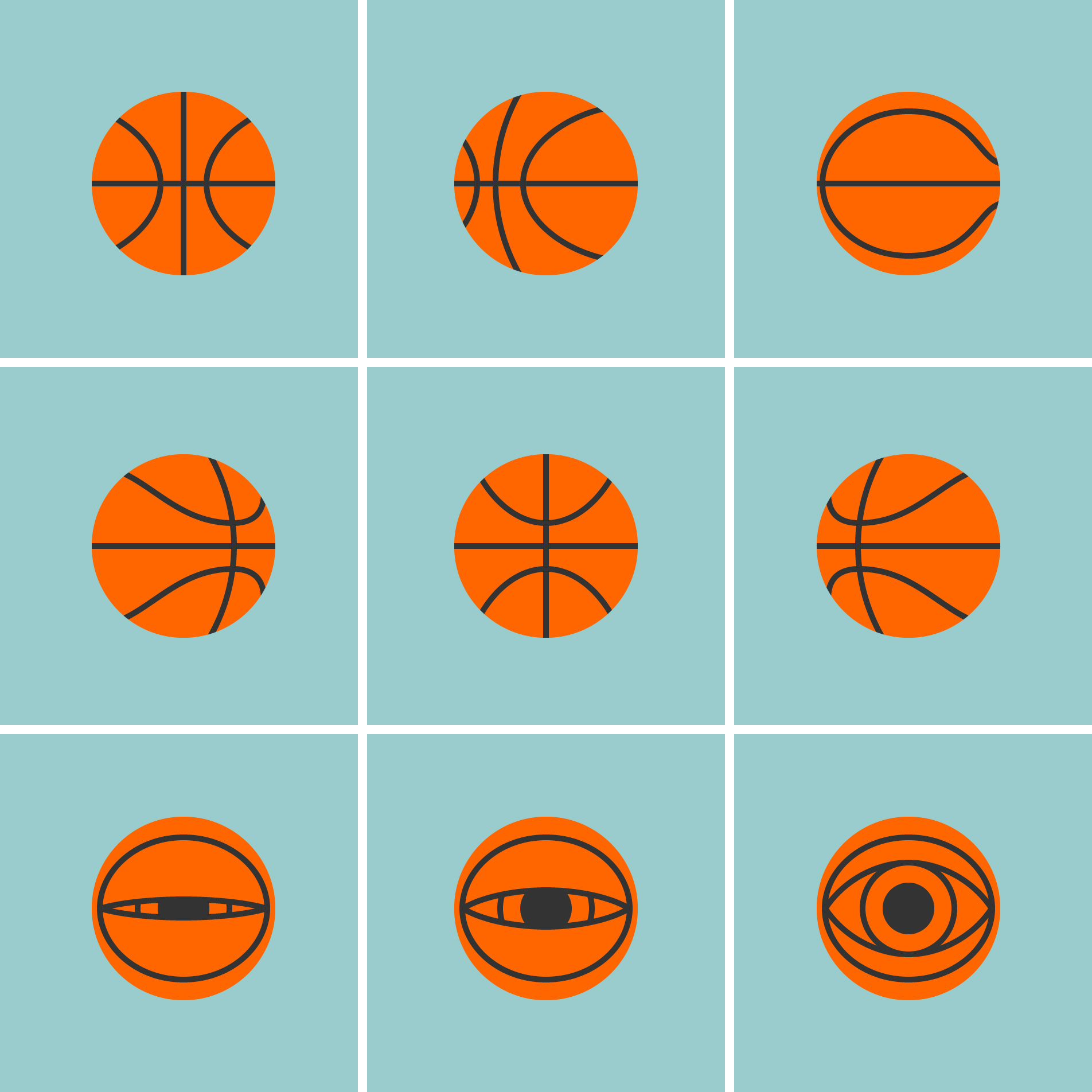 Illustration of a basketball rotating and then morphing into an open eye in 9 stages