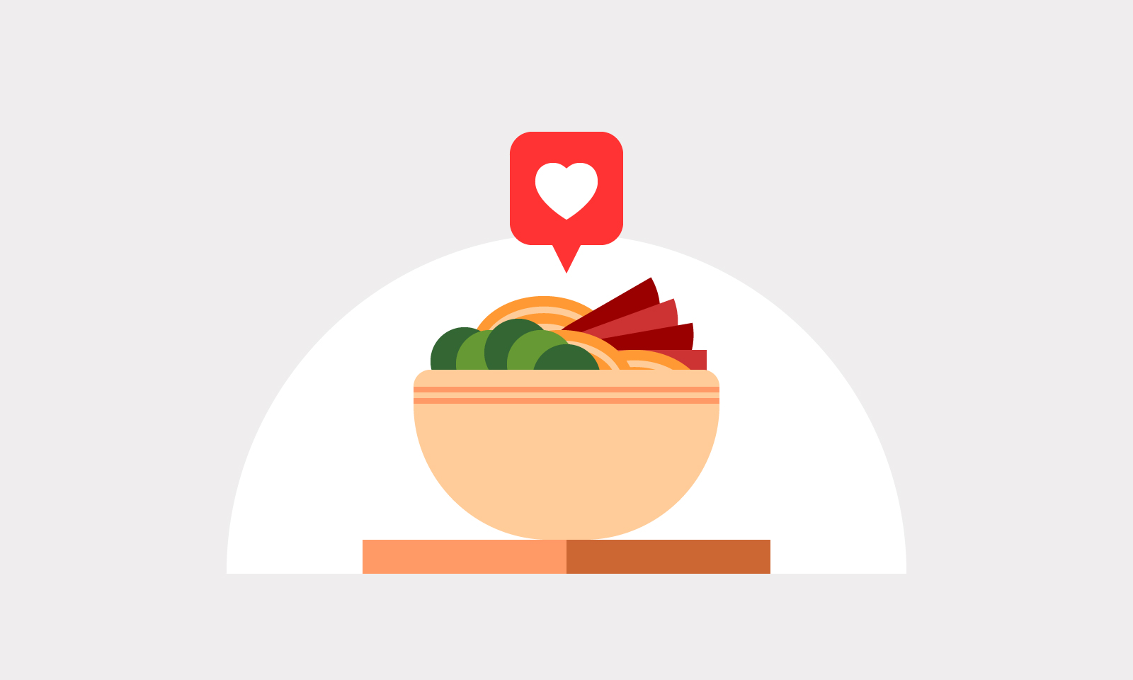 Illustration of a bowl of vegetables, meat and noodles with a heart icon above it