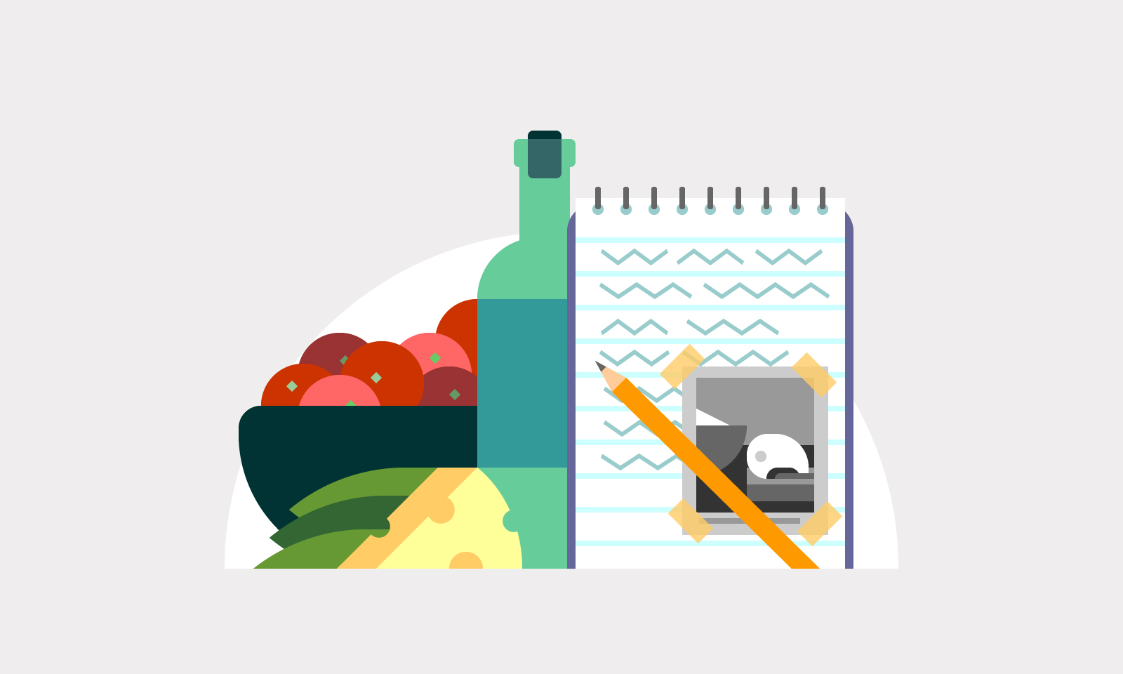Illustration of a notebook and pencil with food and drink in the background