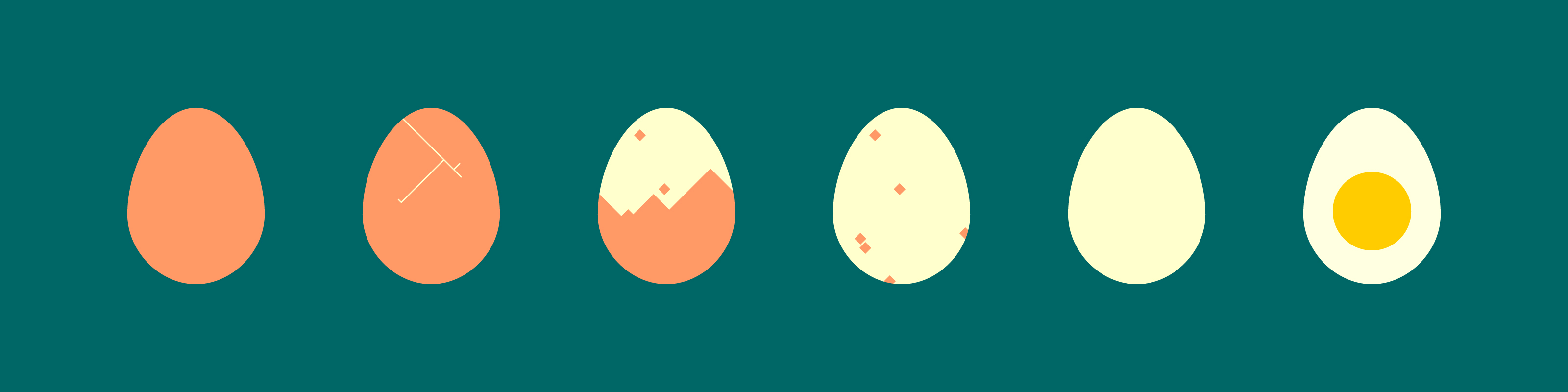Illustration of a hard-boiled egg being peeled in six stages